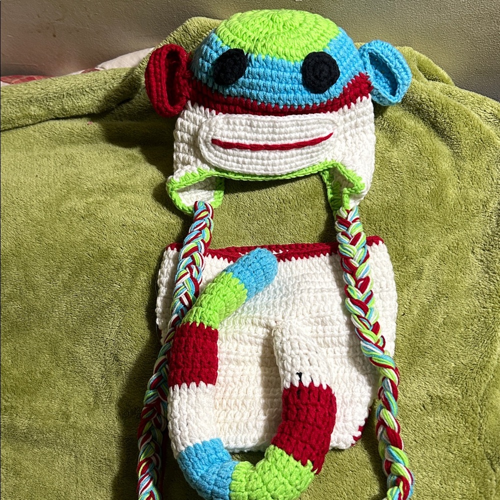 NWOT Sock Monkey Outfit 0-6 months Hand Crochet Costume Gift Photo op